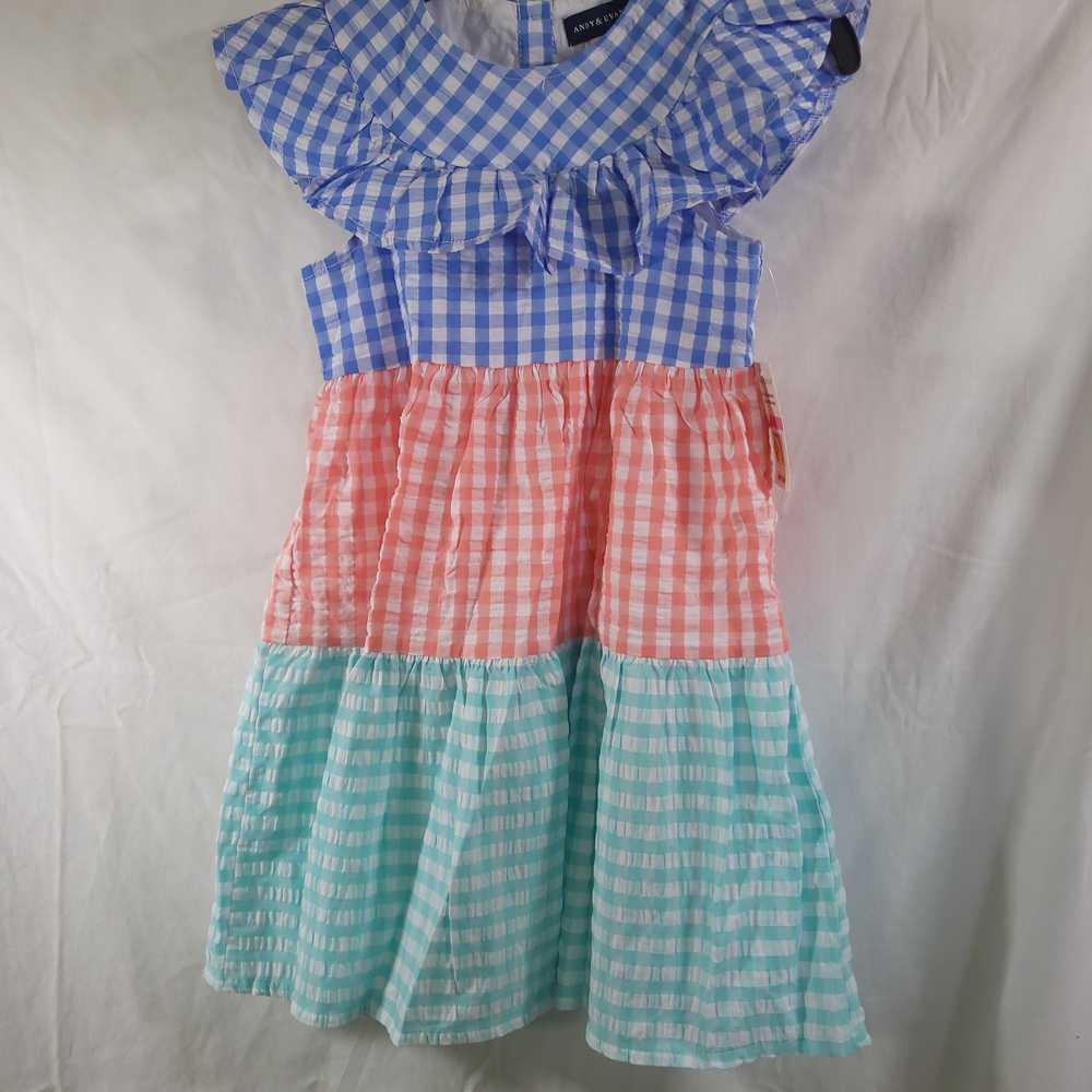 Nwt Girls Size 6 Andy & Evan Blue, Peach, Green Checkered Gingham Dress